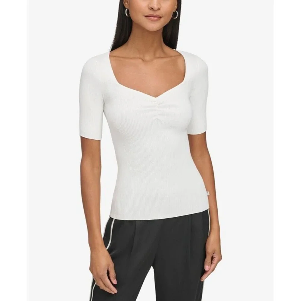 KARL LAGERFELD PARIS Women's Sweetheart-Neck knit Sweater Top Off White ivory XL